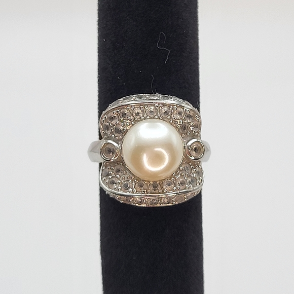 LUC | Sterling Silver Rhinestones Imitation Pearl Ring Size 8.75 - Picture 7 of 12